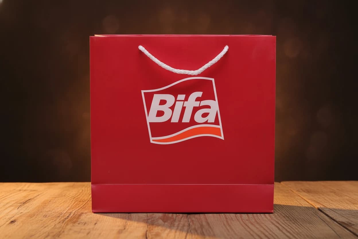 Kırmızı logo baskılı kulplu karton çanta