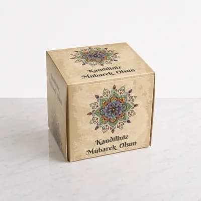 Kandil kutusu 8x8x8 cm, mandala desenli Kandiliniz Mübarek Olsun baskılı