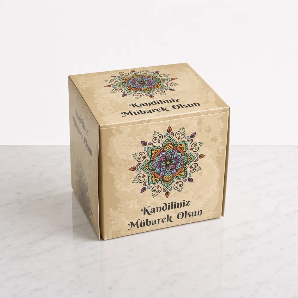 Kandil kutusu 8x8x8 cm, mandala desenli Kandiliniz Mübarek Olsun baskılı